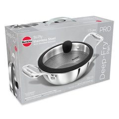 Hawkins Pro 1.5 Litre Shielded Nonstick Triply Deep-Fry Pan, Kadhai with Stainless Steel Handles and Glass Lid, Silver (PSNK15G), 18 cm
