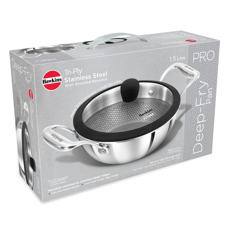 Hawkins Pro 1.5 Litre Shielded Nonstick Triply Deep-Fry Pan, Kadhai with Stainless Steel Handles and Glass Lid, Silver (PSNK15G), 18 cm