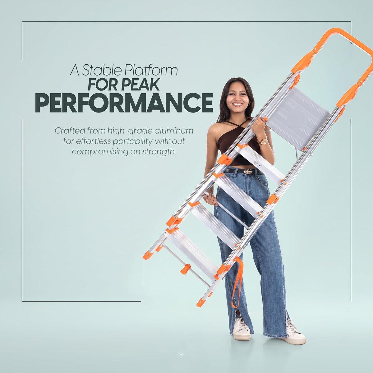 PROHOME Aluminium Ladder for Home 5 Steps Foldable with Railing & Anti-Skid Wide Steps | 5 Step Ladder for Home Use, Kitchen & Household | 250 Kg Capacity Folding Ladder | 5 Year Warranty (Orange)