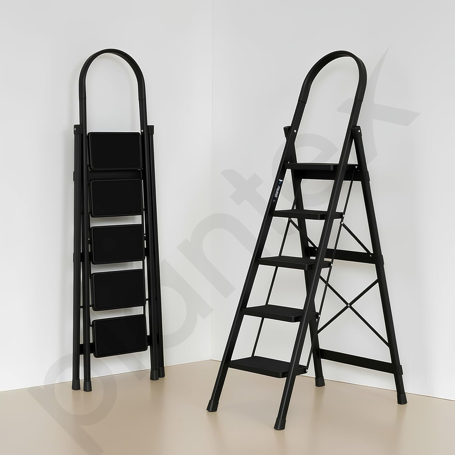 Plantex Ladder for Home 5 Steps/Foldable Ladder with Anti-Skid Wide Steps (30L x 20W cm)/Strong D-Shape Pipe with X-Support for More Stability/5 Year Warranty(Apex-Black)