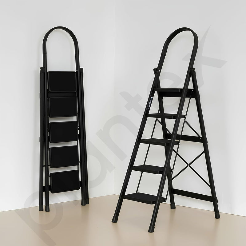 Plantex Ladder for Home 5 Steps/Foldable Ladder with Anti-Skid Wide Steps (30L x 20W cm)/Strong D-Shape Pipe with X-Support for More Stability/5 Year Warranty(Apex-Black)