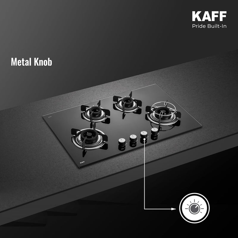 Kaff CRH804 4 Burner Built-in Gas Hob | 80 cm Black Toughened Glass (8mm) | Auto Electric Ignition | Tornado Flame Burne