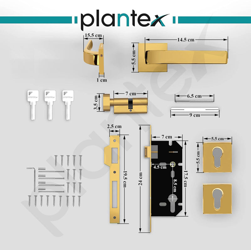 Plantex Triple Security Door Lock for Home/Main Door Lock Set with 3 Years of Warranty/Mortise Lock for Door with Brass Lock Body & Cylinder(7107 - Gold)-2