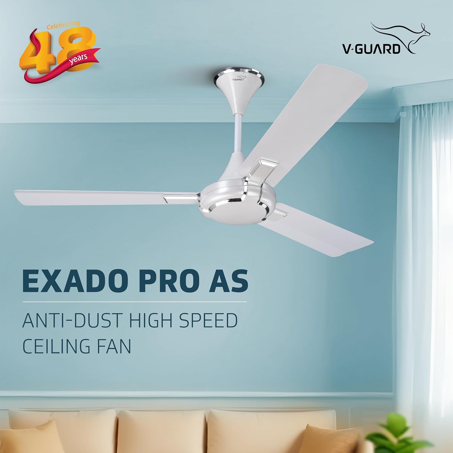 V-Guard Exado Pro AS High Speed Ceiling Fan For Home | BEE 1 Star Rating | 400 RPM | Dust Repellent Technology | Easy to Clean| (Pearl White Silver),1.2 Meter