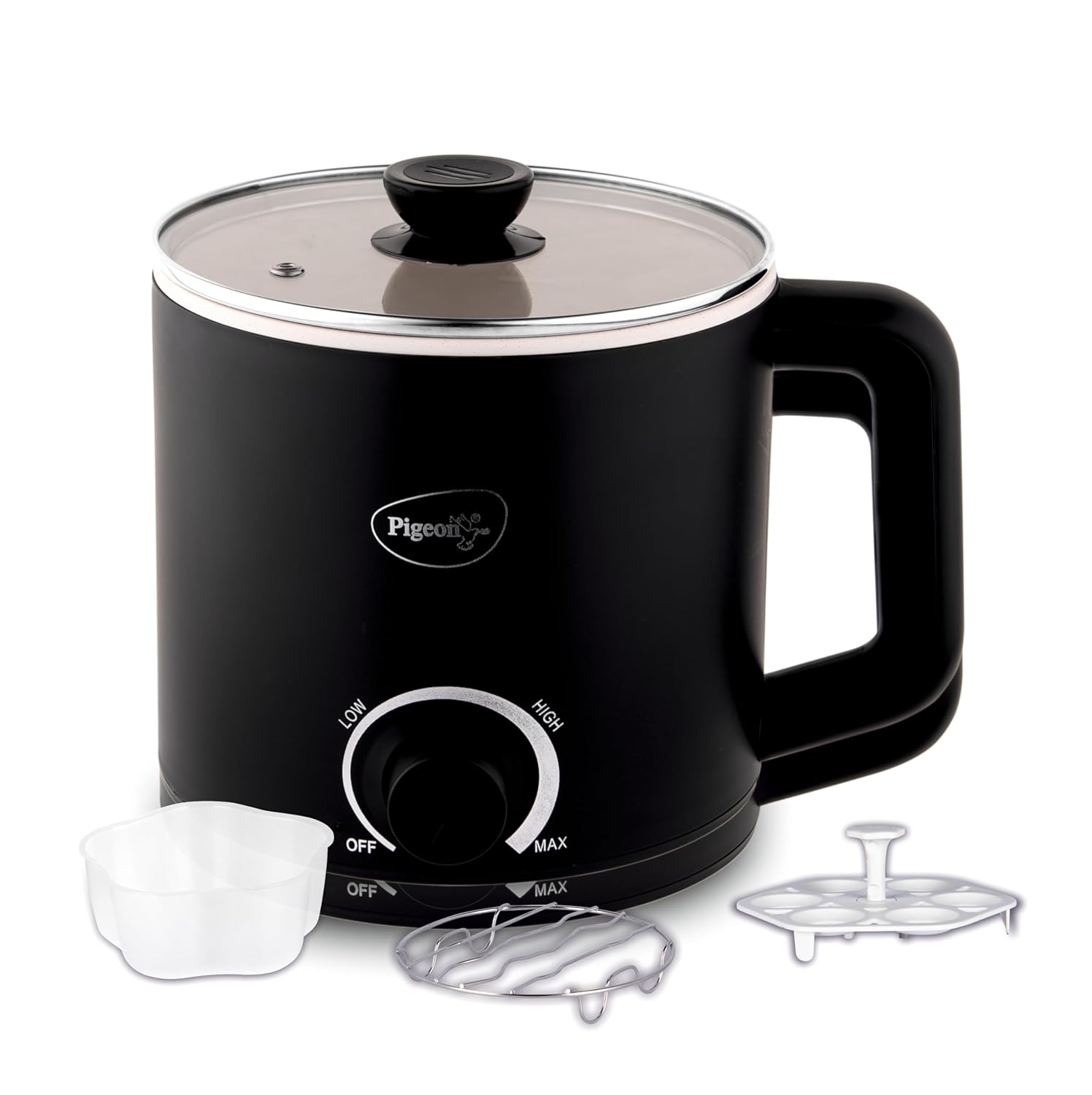 Pigeon By Stovekraft Swift Multi-Cook Kettle 1.5L, Egg Rack - Black | Double Layered | Food Grade Stainless Steel Inner Wall | Glass Lid | Auto Shut-Off, 600 Watts