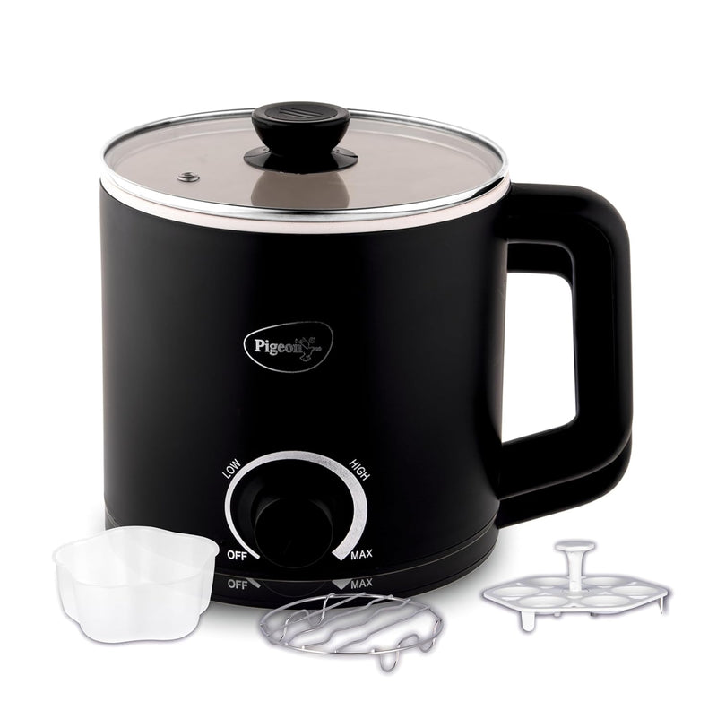 Pigeon By Stovekraft Swift Multi-Cook Kettle 1.5L, Egg Rack - Black | Double Layered | Food Grade Stainless Steel Inner Wall | Glass Lid | Auto Shut-Off, 600 Watts