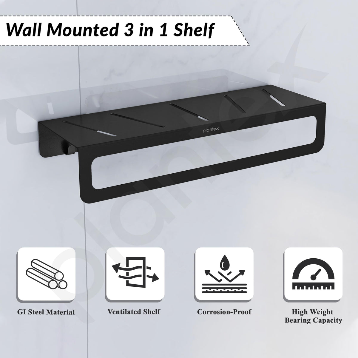 Plantex Alloy Steel No Drill Bathroom Organiser/Self Adhesive Wall Mount Multipurpose Shelf/Rack/Towel Rod/Hooks for Bathroom - Pack of 1 (15 x 5 Inch, Black)-4