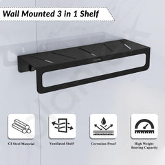 Plantex Alloy Steel No Drill Bathroom Organiser/Self Adhesive Wall Mount Multipurpose Shelf/Rack/Towel Rod/Hooks for Bathroom - Pack of 1 (15 x 5 Inch, Black)-4