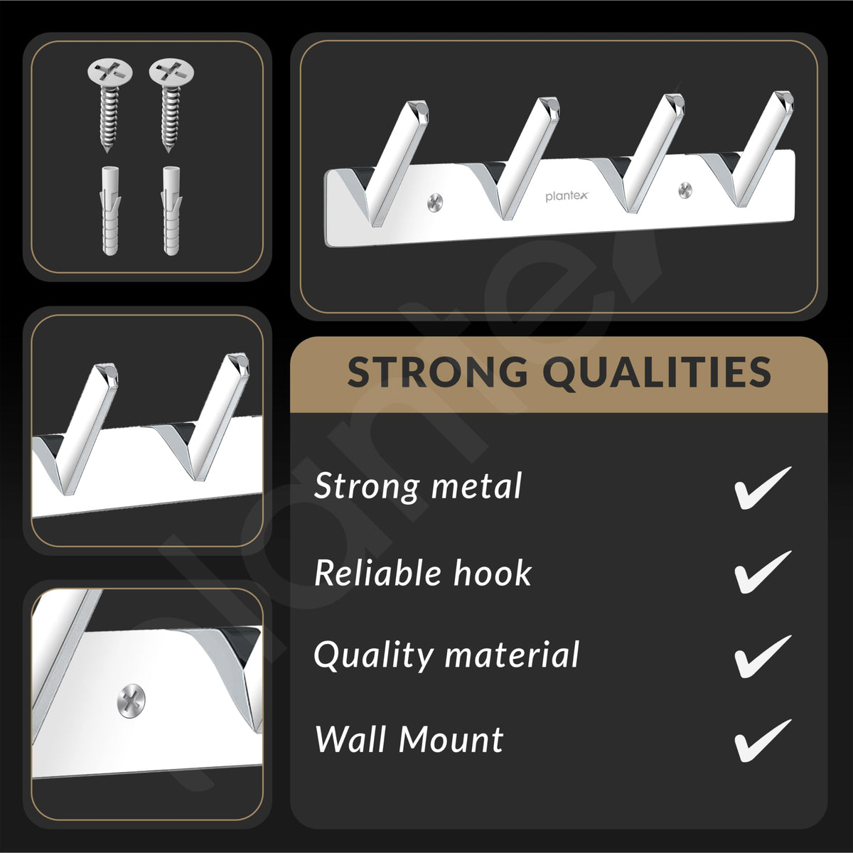 Plantex Wall Hooks for Hanging Cloth/Stainless Steel Towel Hangers/Bathroom Robe Hooks/Door Hangers/Square Wall Hook/Hook Rail for Hanging Keys - 4 Hooks (Pack of 2, Chrome)-6