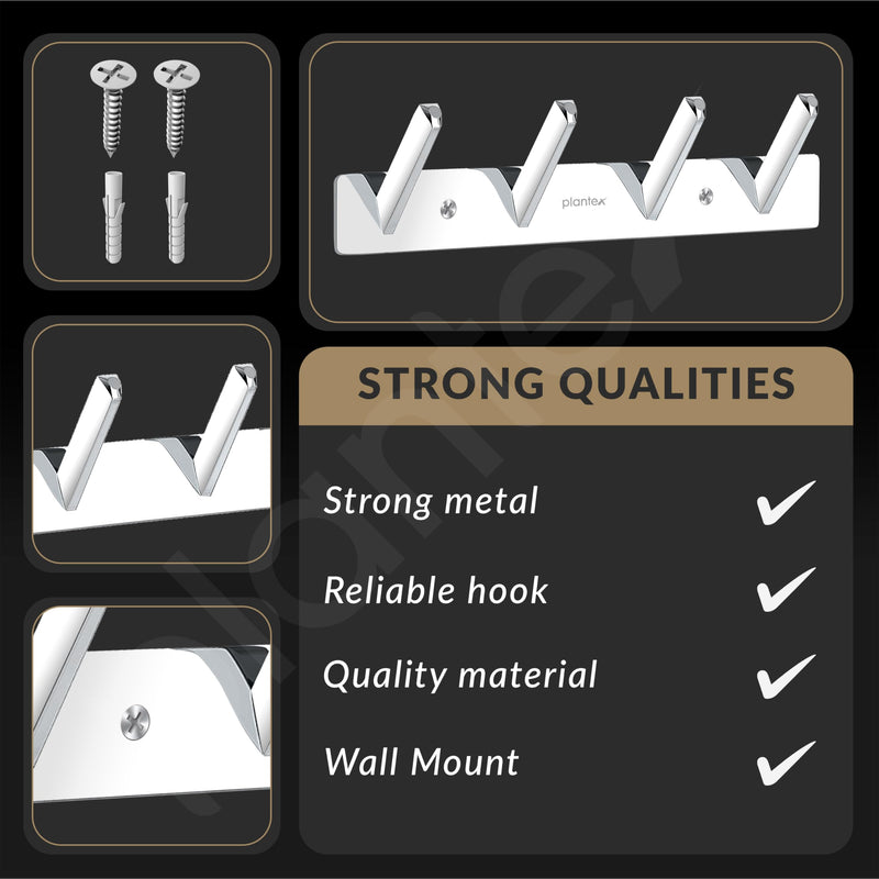 Plantex Wall Hooks for Hanging Cloth/Stainless Steel Towel Hangers/Bathroom Robe Hooks/Door Hangers/Square Wall Hook/Hook Rail for Hanging Keys - 4 Hooks (Pack of 2, Chrome)-6