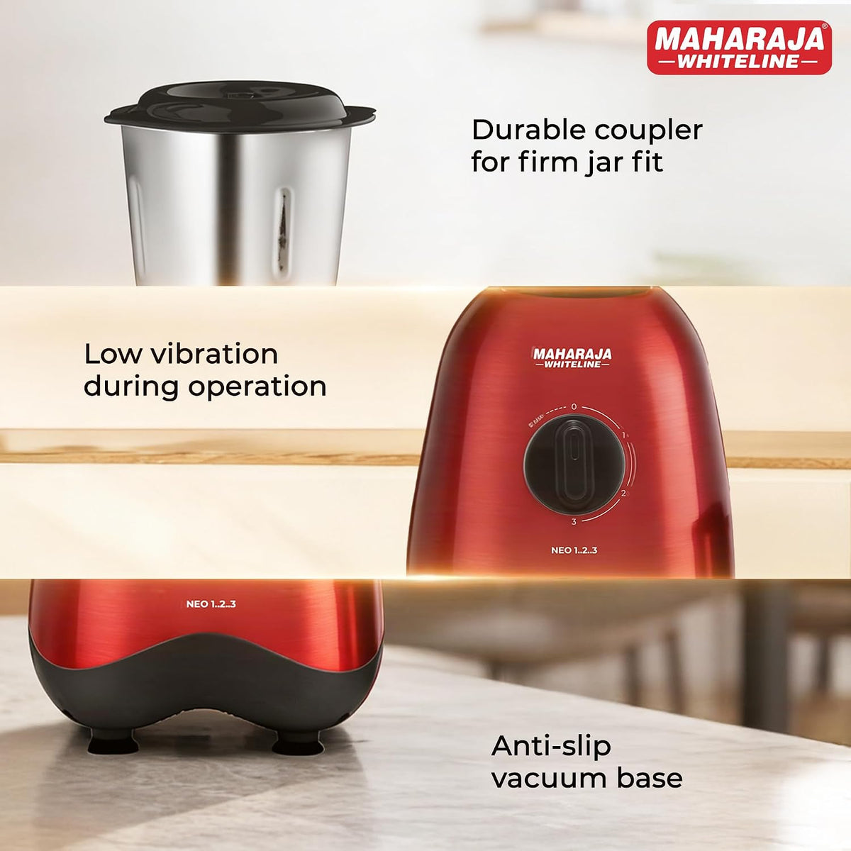 Maharaja Whiteline Neo 1..2..3 Mixer Grinder | 500 W Motor, 20,000 RPM | Long Running Time, Cooler Operation | Durable Coupler, Vacuum Foothold | Stainless Steel Blades | 2 Versatile Jars