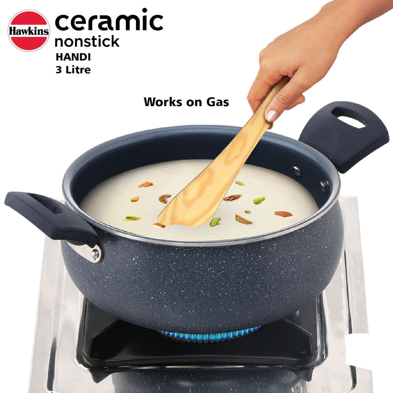 Hawkins Ceramic Nonstick Handi with Glass Lid, 3 Litre, Induction Biryani Pot, Granite Casserole (ICH30G)