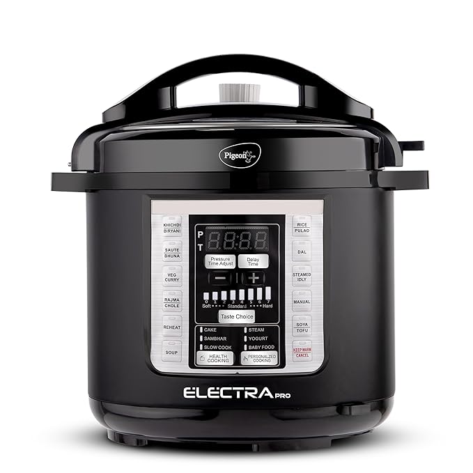 Pigeon By Stovekraft Electra Pro 6 Litre Electric Pressure Cooker with Digital Display | 18 Indian Preset Menu | Automatic Rice Cooker | Delay Timer & More (Stainless Steel)
