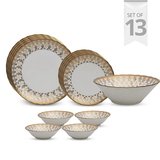 Clay Craft Fine Ceramic Ebony Dinner Set, Enchanting Gold, for Family of 4, Dinner Set Ceramic, Crockery Set, Dining Set for Dinner, Crockery Set for Gift, Kitchen Set (13 Pieces, E625)