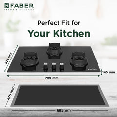 Faber 3 Burner 78cm Eros Hob |Auto-Ignition|Metal Knobs| Cast Iron Pan Support |Hob/Cooktop Hybrid| Black Glass Finish |