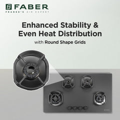 Faber Della 4 Burner 90cm Hob With Auto-Ignition, Brass Burner, Cast Iron Pan Support, Cooktop Hybrid, Matt Black Glass 