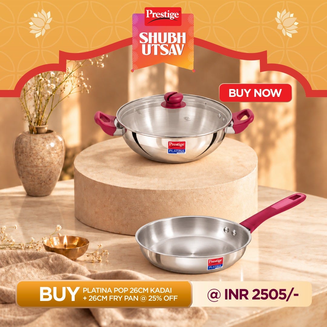 Prestige Platina Popular Stainless Steel Impact Forged Bottom Fry Pan 26cm (3 L), Silver + Prestige Platina Popular Stainless Steel Impact Forged Bottom Kadai with Glass Lid, 26cm (3.8 L), Silver