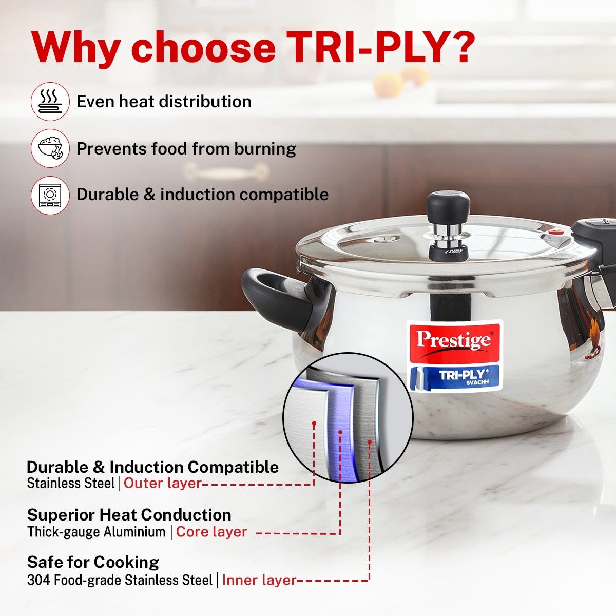Prestige 5 Litre TRIPLY Svachh Outer Lid Handi Pressure Cooker, Deep Lid for Spillage Control, Gas & Induction Compatible + Prestige 24cm/1.7L Tri-Ply Stainless Steel Splendid Fry Pan, 15Y Warranty