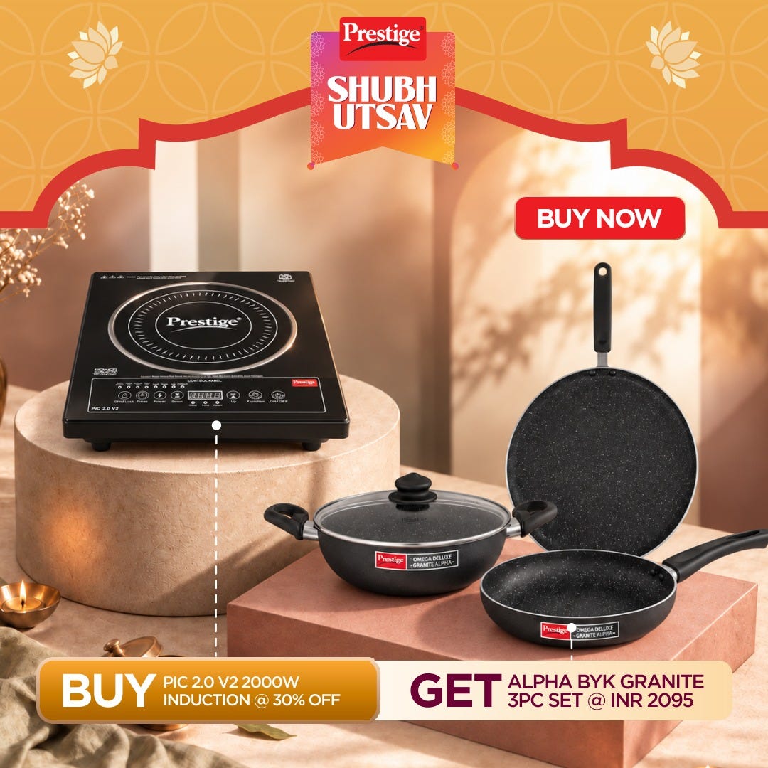 Prestige PIC 2.0 V2 Induction Cooktop 2000W with Indian Menu Options, Black + Prestige Omega Deluxe Granite Alpha 3 Pc BYK Non-Stick Set: Kadai 24cm with Glass Lid, Omni Tawa 28cm, Fry Pan 24cm