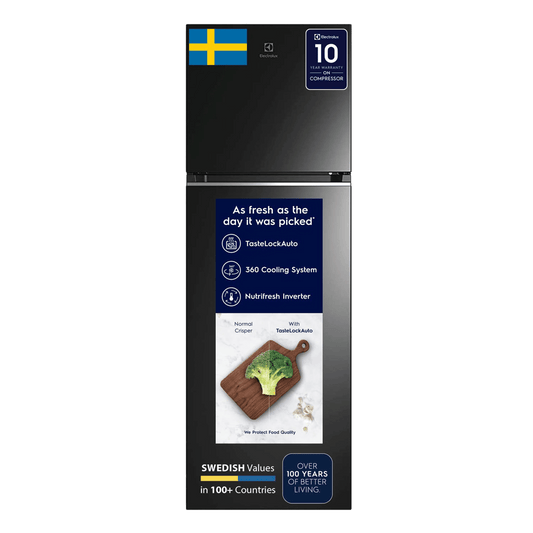 Electrolux UltimateTaste 300 341 Litres 2 Star Frost Free Double Door Refrigerator with Door Alarm (ETB3700K-H, Glossy Black Steel)