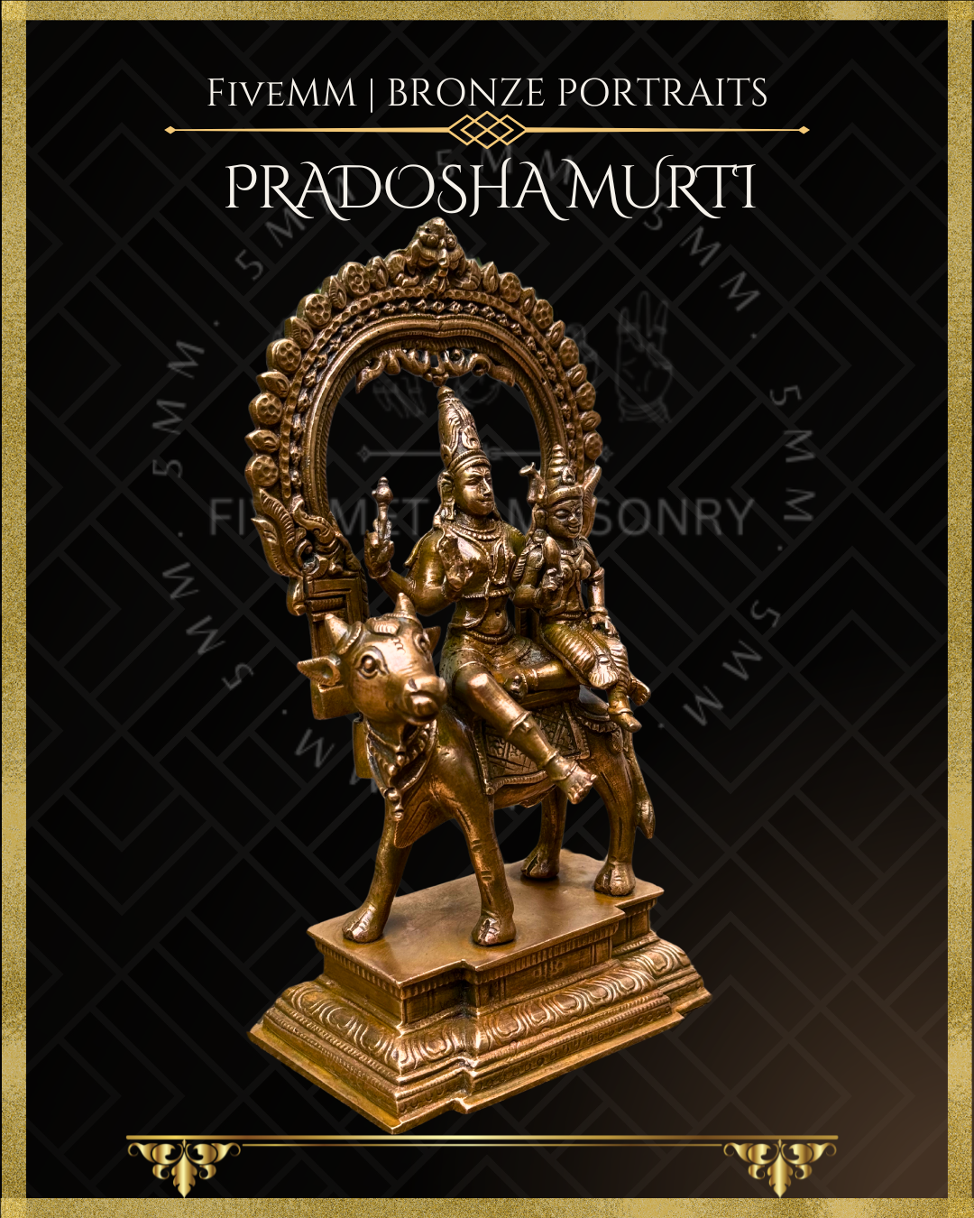 Pradosha Murti Shiva and Uma sitting on Nandi Panchaloha Bronze Icon - 8" with arch