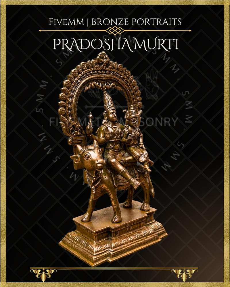 Pradosha Murti Shiva and Uma sitting on Nandi Panchaloha Bronze Icon - 8" with arch