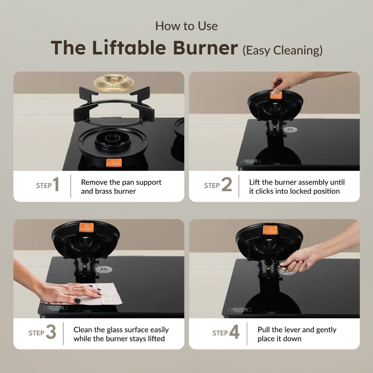 Prestige Svachh Glass Top Gas Stove (3 Burners) with Liftable Burners - GTSB-03, Prestige Svachh Triply Outer Lid Pressure Cooker with Unique Deep Lid for Spillage Control, 5 Litre, Silver