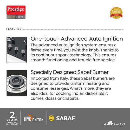 Prestige Desire Hobtop L P Gas Table ( PHTD 02 AI Black With Glass Top, 2 Burners & Auto Ignition)