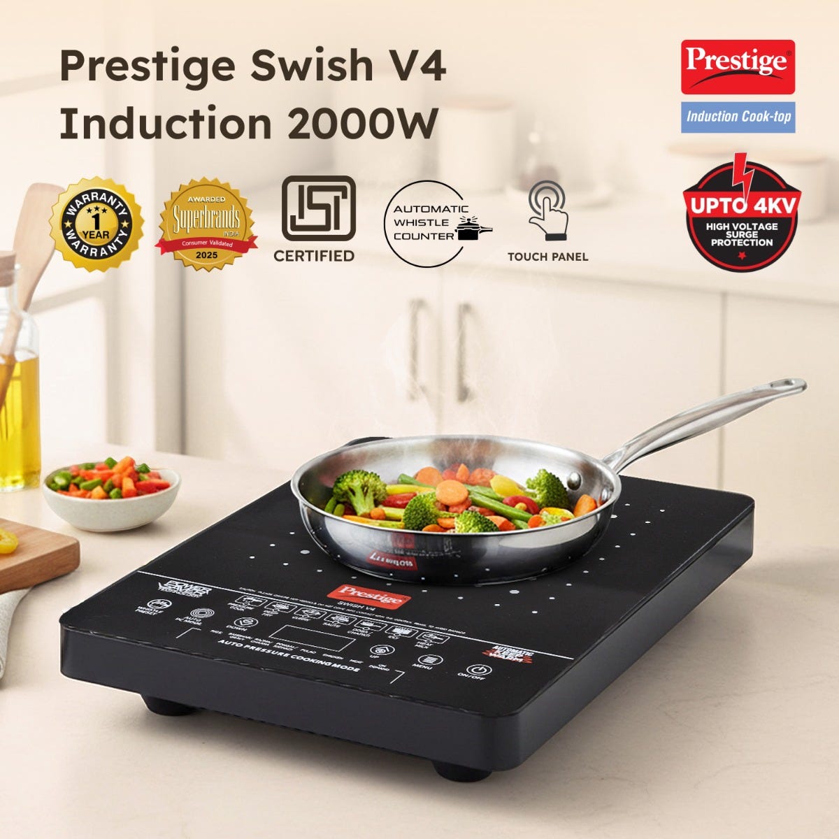 Prestige Swish Induction Cooktop V4 + Prestige TRIPLY Splendid 4 Pc Cookware Set: Fry Pan 22cm, Kadai 22cm, Saucepan 14cm, SS Lid 24cm, Gas & Induction Compatible, 15Y Warranty