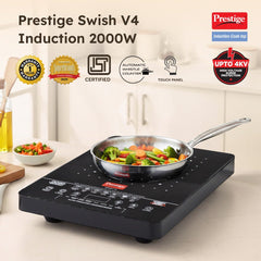 Prestige Swish Induction Cooktop V4 + Prestige TRIPLY Splendid 4 Pc Cookware Set: Fry Pan 22cm, Kadai 22cm, Saucepan 14cm, SS Lid 24cm, Gas & Induction Compatible, 15Y Warranty