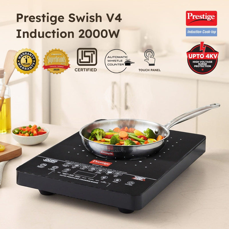 Prestige Swish Induction Cooktop V4 + Prestige TRIPLY Splendid 4 Pc Cookware Set: Fry Pan 22cm, Kadai 22cm, Saucepan 14cm, SS Lid 24cm, Gas & Induction Compatible, 15Y Warranty