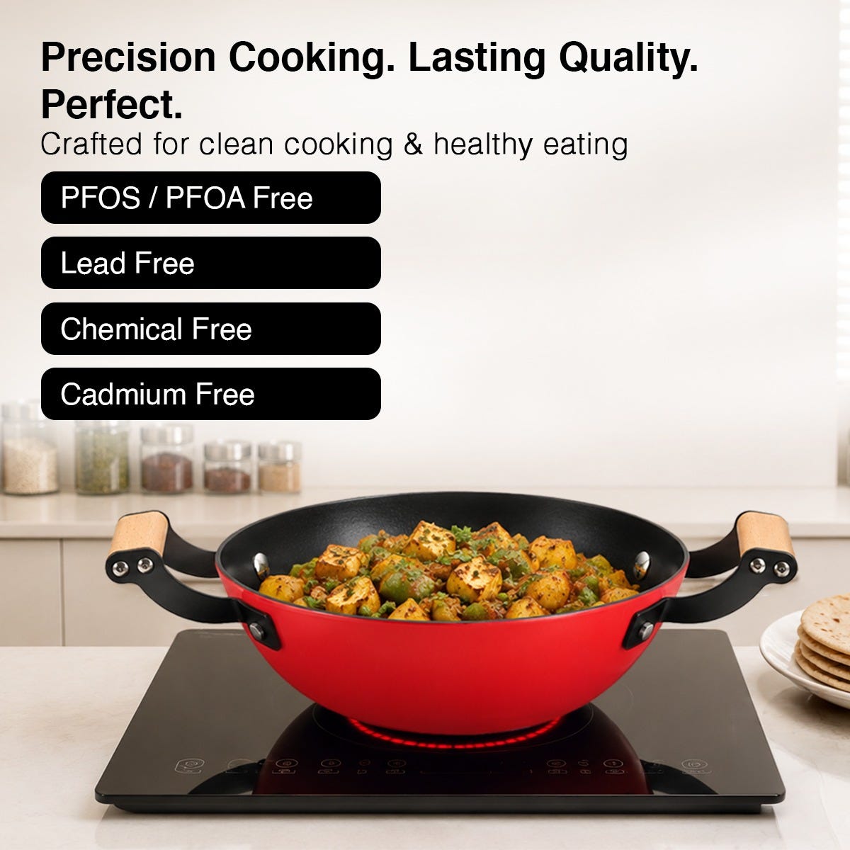 Prestige Castlite Enamel Coated Cast Iron Fry Pan 20cm/0.8L, Lightweight, Stay-Cool Handle + Prestige Castlite Enamel Coated Cast Iron Kadai 24cm/2.3L with Glass Lid, Gas & Induction, 15Y Warranty