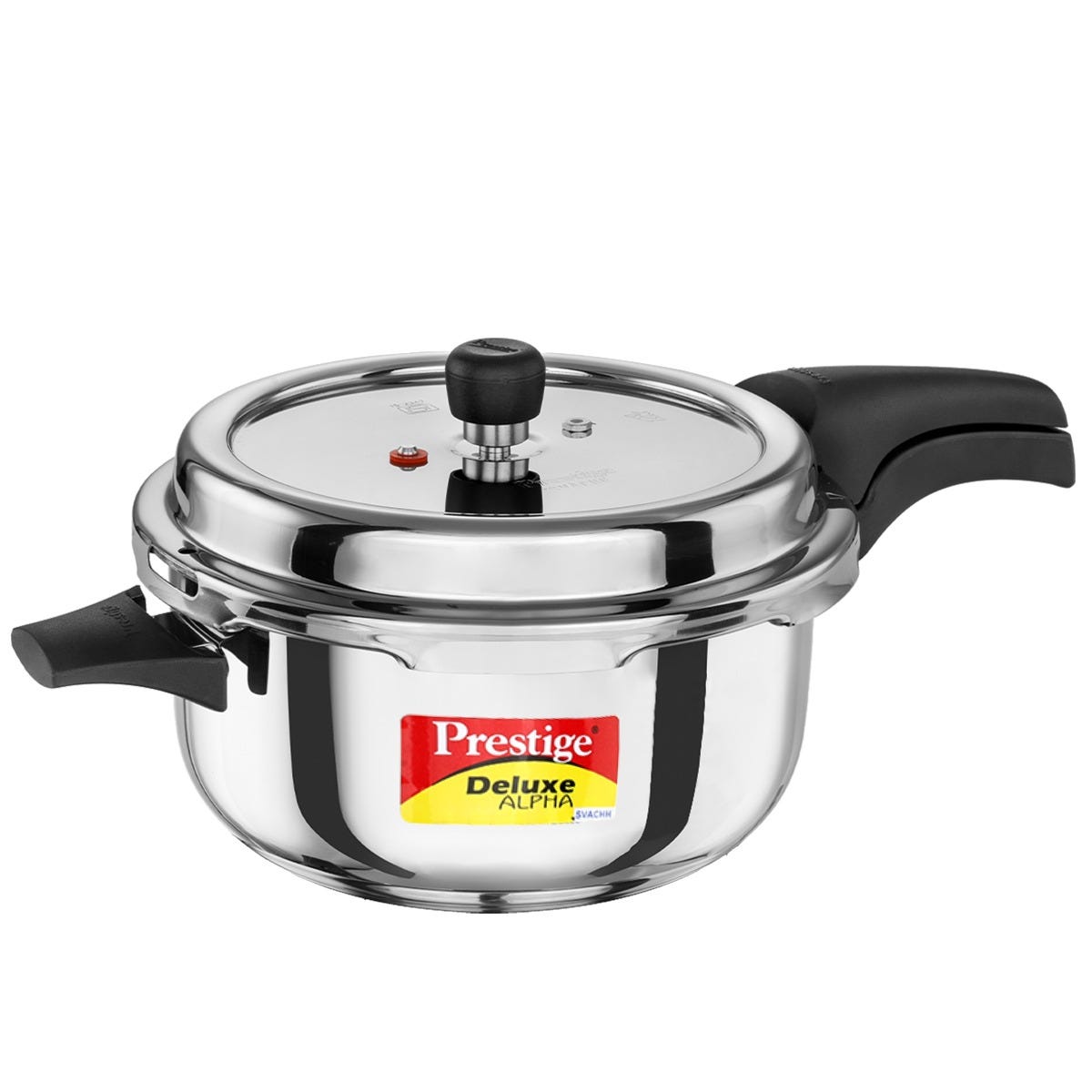 Prestige 5 Litre Stainless Steel Deluxe Alpha Svachh Outer Lid Deep Pressure Pan Cooker, Triply Base, Gas & Induction Compatible, ISI + Prestige Omega Deluxe Granite Non-stick Omni Tawa, 28 cm, Black