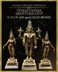 Venkateswara-Sridevi-Bhudevi  Panchaloha Bronze Icon Set - 6"