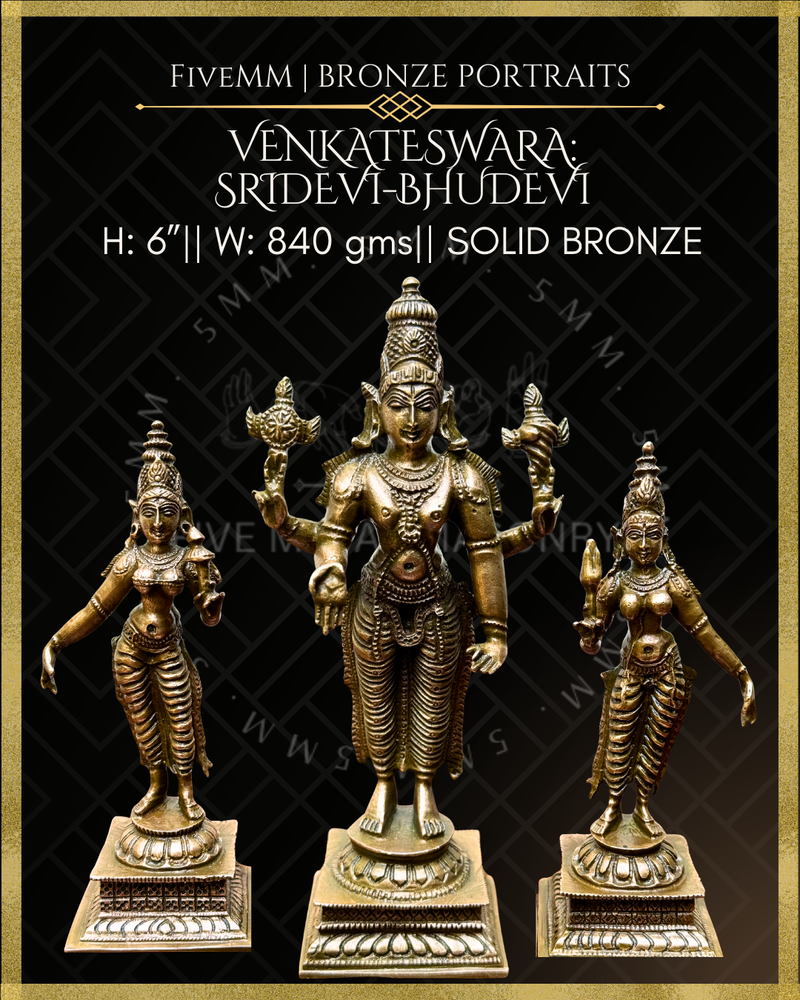 Venkateswara-Sridevi-Bhudevi  Panchaloha Bronze Icon Set - 6"
