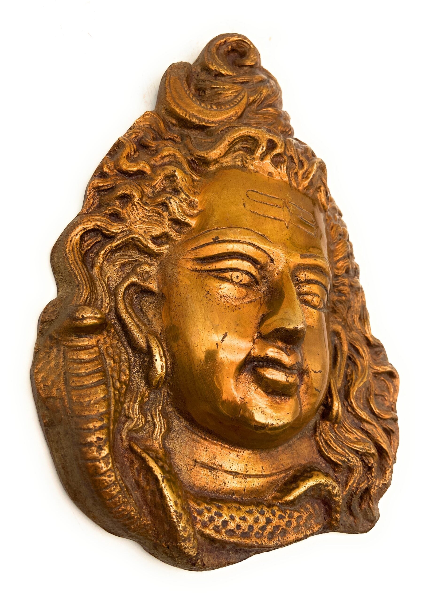 Brass Shiva Face, Peetal Mahadev Mukha, Pital Bholenath Mask, Rudra Idol Wall Decor, Gold, 8.5 Inch, 1 Piece