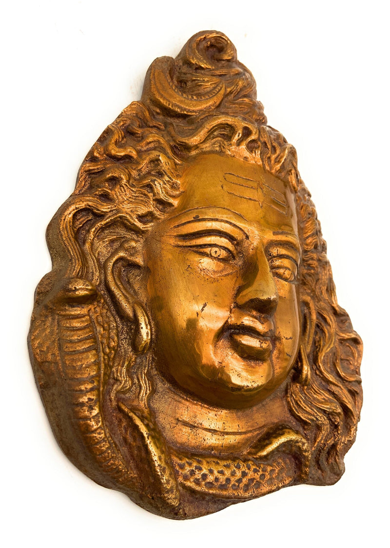 Brass Shiva Face, Peetal Mahadev Mukha, Pital Bholenath Mask, Rudra Idol Wall Decor, Gold, 8.5 Inch, 1 Piece