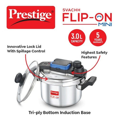 Prestige Svachh Flip-on Mini Stainless Steel Gas and Induction Compatible Pressure Cooker with Glass Lid, 3 Litre (Silver)