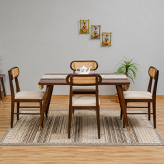 Ashton Solid Wood Rattan Cane Dining Table 4 Seater Set