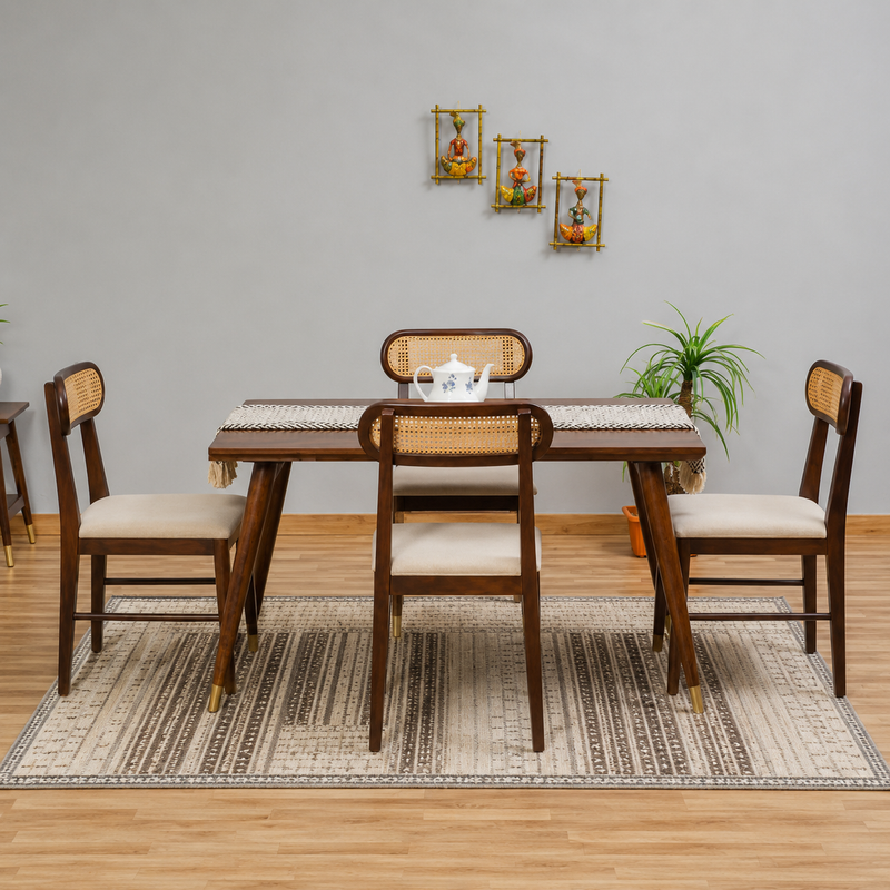 Ashton Solid Wood Rattan Cane Dining Table 4 Seater Set