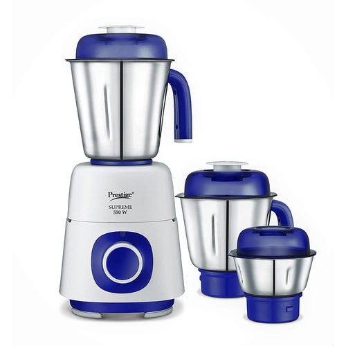 Prestige 550 Watts Supreme Mixer Grinder with 3 Stainless Steel Jars| Ergonomic Design| Sturdy Handles| Blue & White