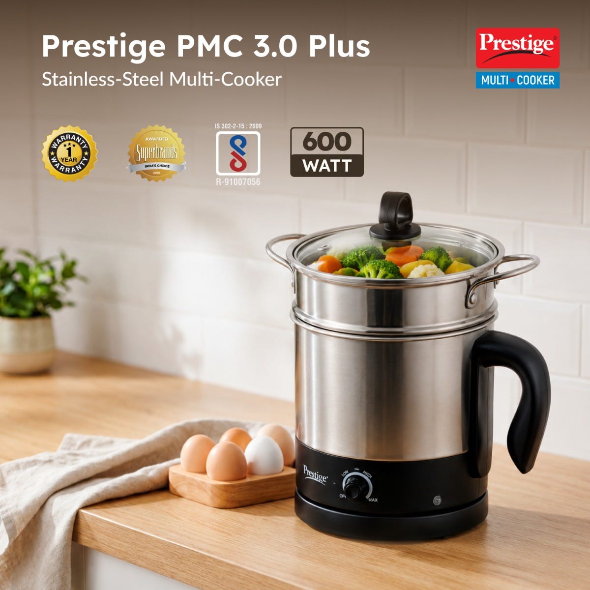 Prestige Prism Plus 1000W Mixer Grinder, 3 SS Jars & 1.5L Transparent Juicer Jar: Wet 1.5L, Dry 1.0L, Chutney 450ml, Heavy Duty Motor + Prestige 1.5L PMC 3.0 Plus Multi Kettle / Multi Cooker