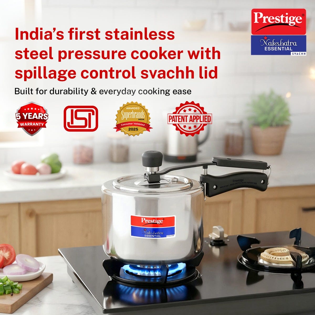 Prestige Platina Popular Stainless Steel 3 Pc Cookware Set: Fry Pan 22cm, Kadai 22cm, Sauce Pan 16cm, 2 Glass Lids + Prestige 3 Litre Nakshatra Essential Svachh Inner Lid Pressure Cooker, Triply Base