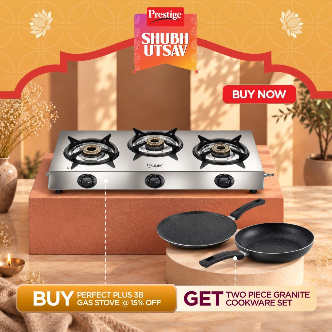 Prestige L.P. Gas Table – Perfect + (With Stainless Steel Body and 3 Unit Brass Burners), Prestige Omega Deluxe Granite Twin Pack | Fry Pan 24cm & Omni Tawa 25cm | Durable Granite Finish Coating | PFOA Free | Metal Spoon Friendly