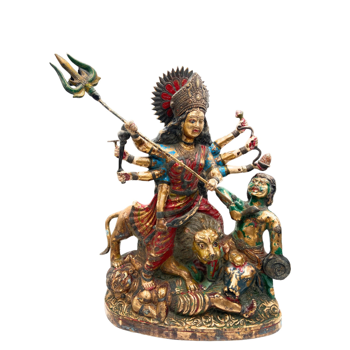 Brass Mahishasura Mardini Idol | Simhavahini Durga Devi Murti for Home Temple, Navratri Puja & Decor,Multicolor, 21.5 Inch, 1 Piece