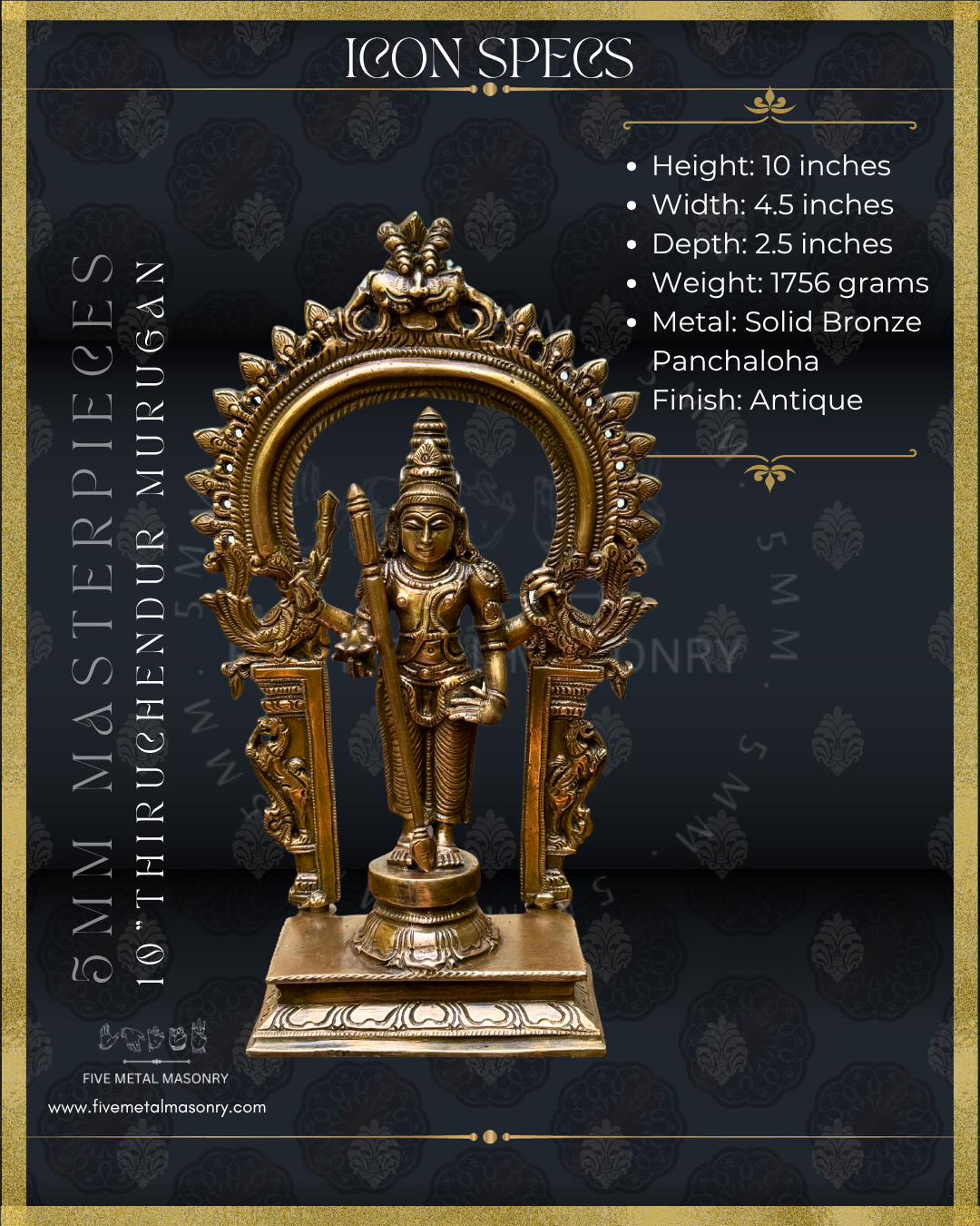 Thiruchendur Murugan Panchaloha Bronze Icon - 10"-  Masterpieces Collection