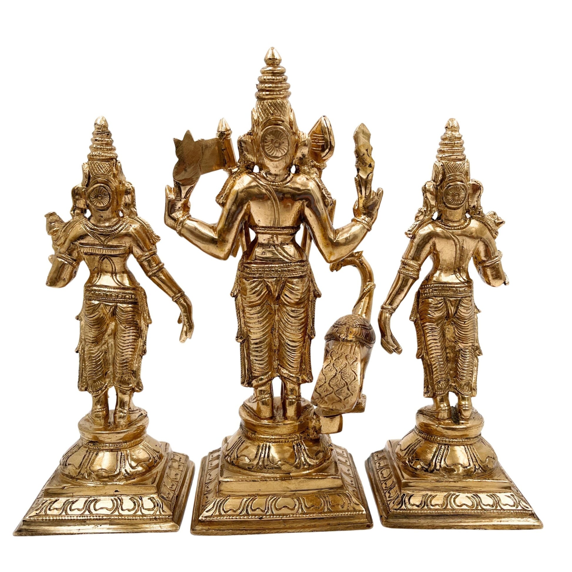 Handcrafted Panchaloha Murugan with Valli and Devasena Idol | Bronze Subramanya Skanda Kumara Swamy Shanmukha Statue | South Indian Chola Art Sculpture          Ask ChatGPT,Gold, 7.5 Inch, 1 Piece