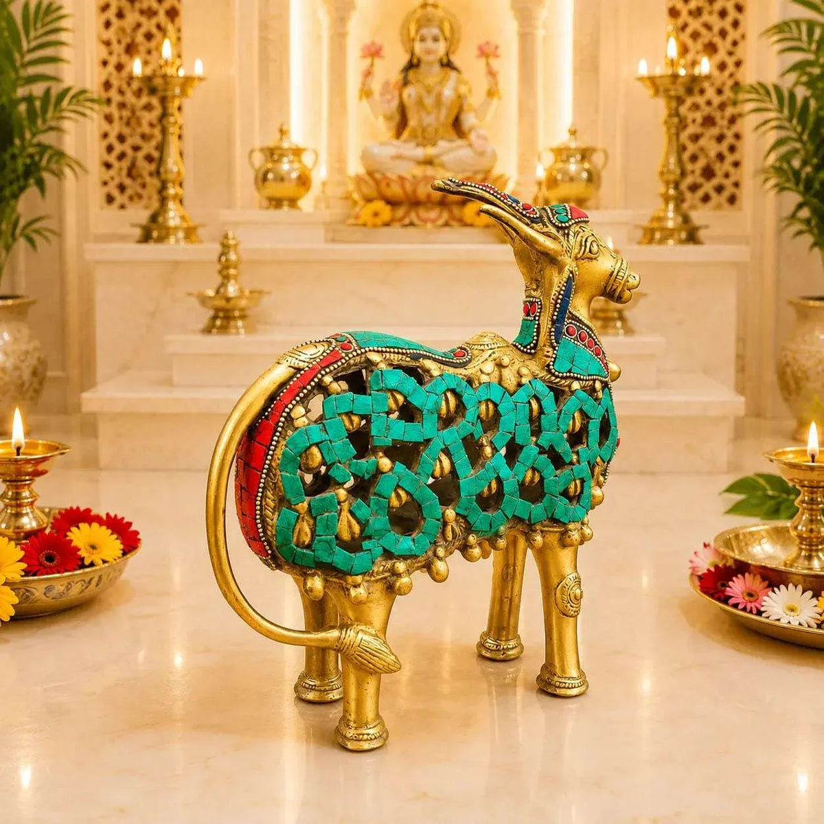 Brass Stone Work Standing Cow Idol