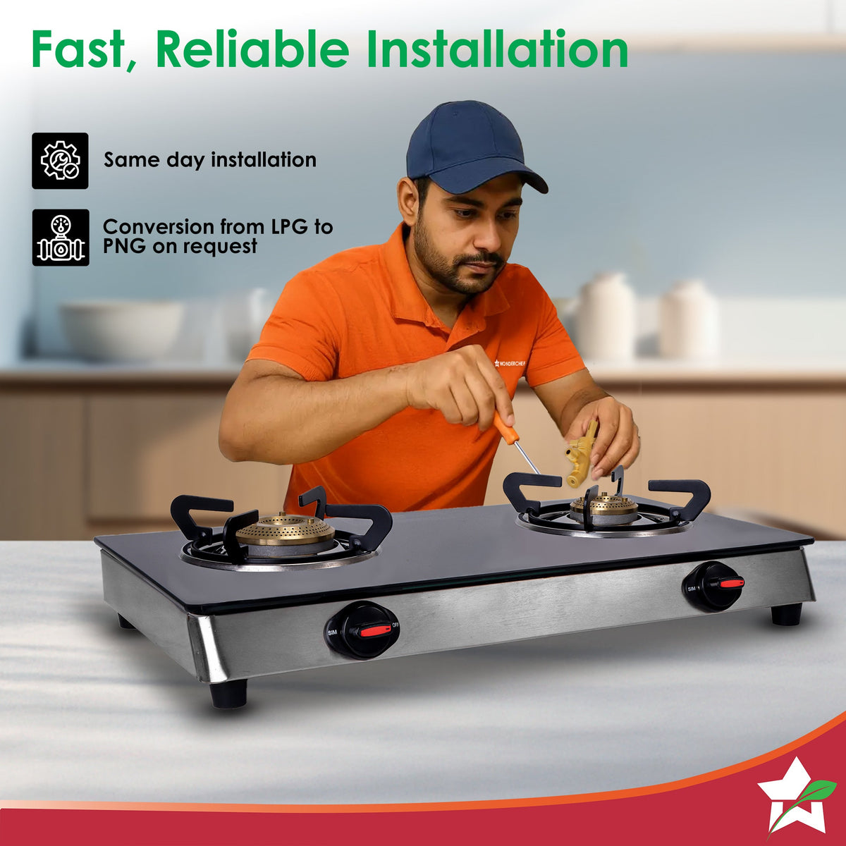 Wonderchef Regal 2 Brass Burner Gas Stove, LPG Gas Stove for Kitchen, ISI Toughened Glass Surface, SS Frame, Spill-proof