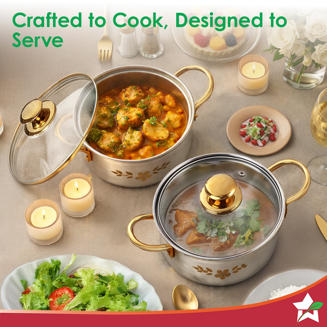Wonderchef Gold Stanton 2 Pc Casserole Set with Glass Lids, 20 cm/22 cm, Chemical-free Food-grade Stainless-steel, Gold 